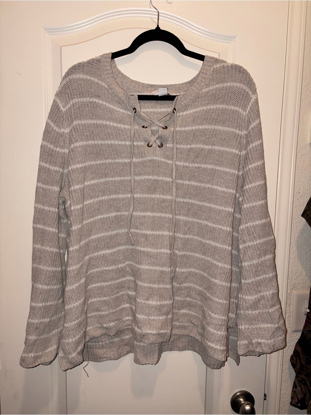 Striped Lace-Up Knit Top - Gray/White